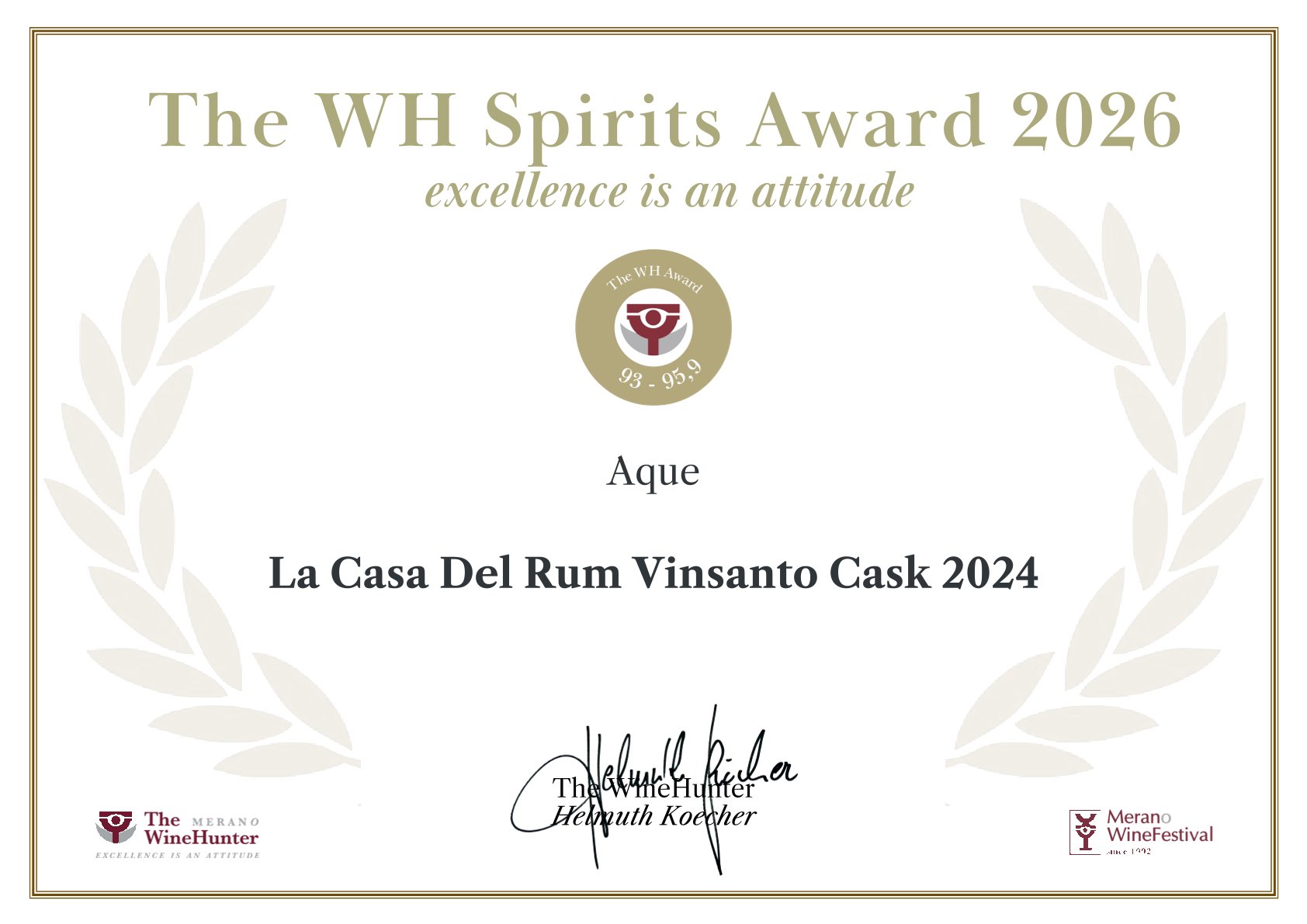 The WineHunter Award 2026 - Diploma Gold - Aque - La Casa Del Rum Vinsanto Cask 2024